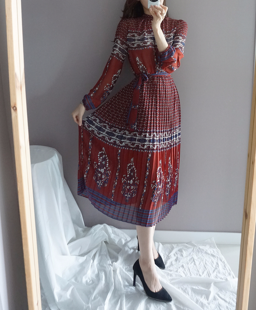 Chiffon Pleated Ethnic Long Dress Fall Collar 2col