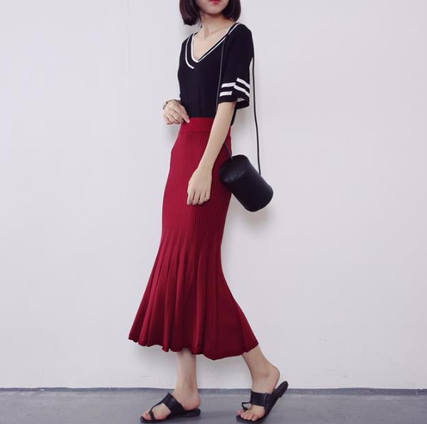 J-knit long skirt pleat 3color womens ruffle Merma