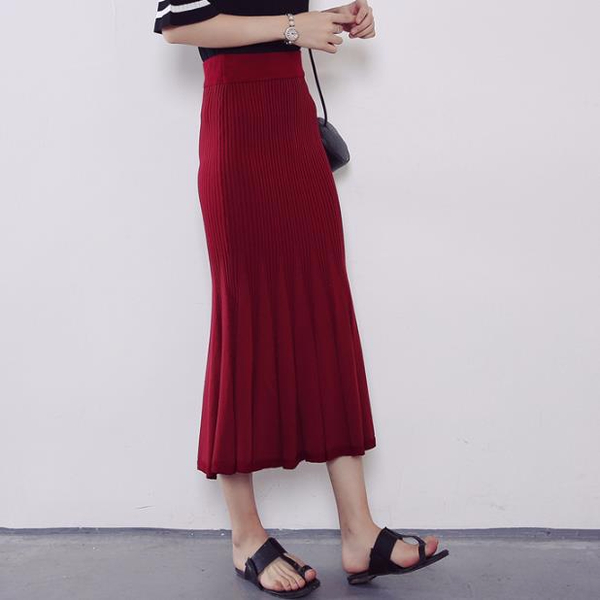 J-knit long skirt pleat 3color womens ruffle Merma