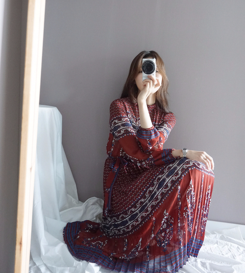 Chiffon Pleated Ethnic Long Dress Fall Collar 2col