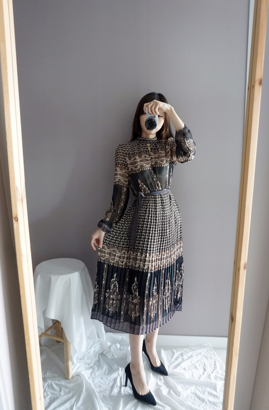 Chiffon Pleated Ethnic Long Dress Fall Collar 2col