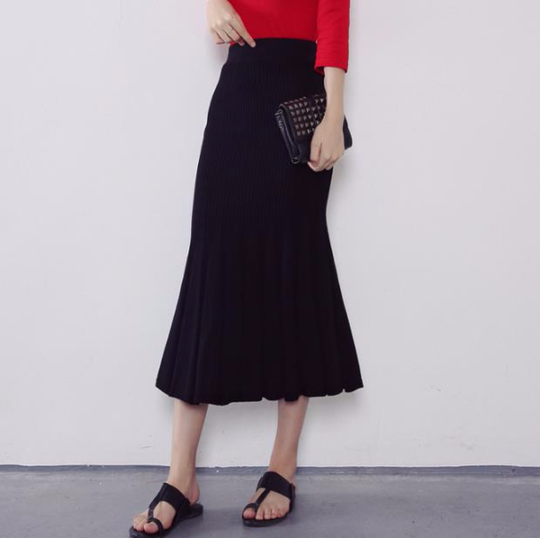 J-knit long skirt pleat 3color womens ruffle Merma