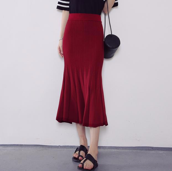 J-knit long skirt pleat 3color womens ruffle Merma