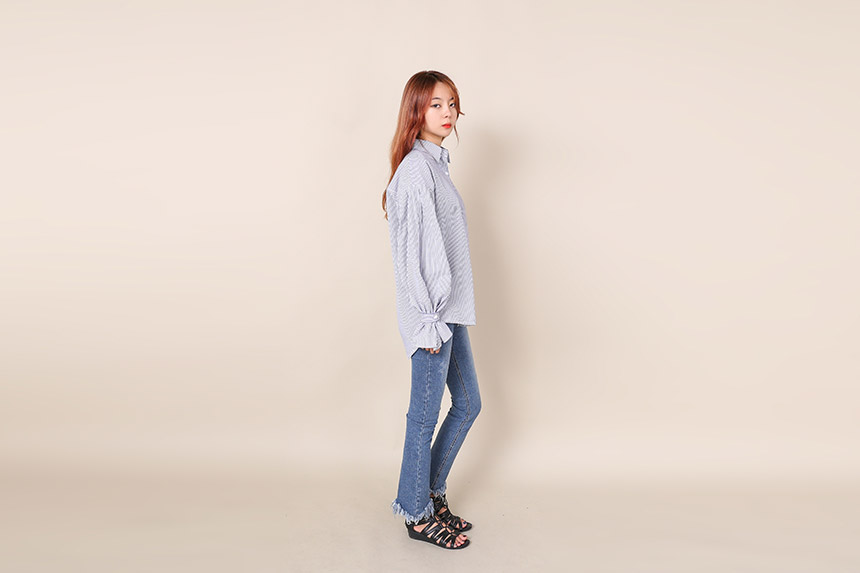 Big Size Over Luzplated Stripe Shirt Bell Sleeve S