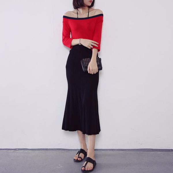 J-knit long skirt pleat 3color womens ruffle Merma