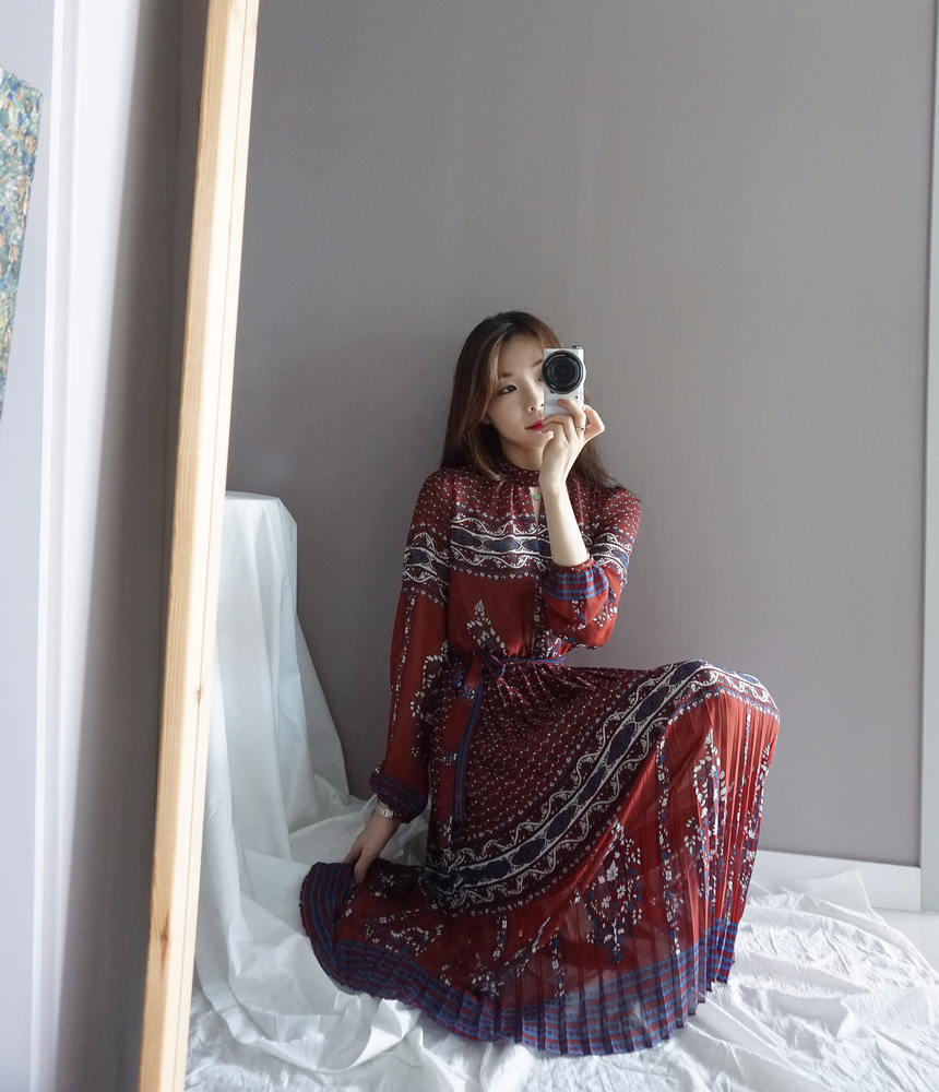 Chiffon Pleated Ethnic Long Dress Fall Collar 2col