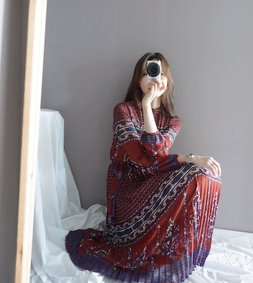 Chiffon Pleated Ethnic Long Dress Fall Collar 2col