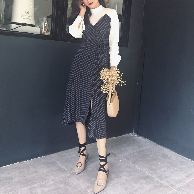 New Vanity Slim Fit Stripe Wrap Dresses Layered Sh