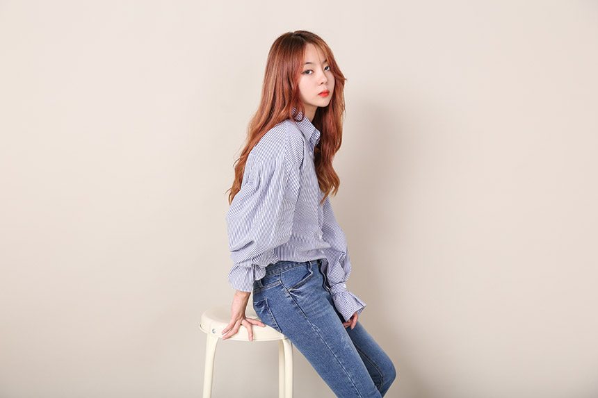 Big Size Over Luzplated Stripe Shirt Bell Sleeve S