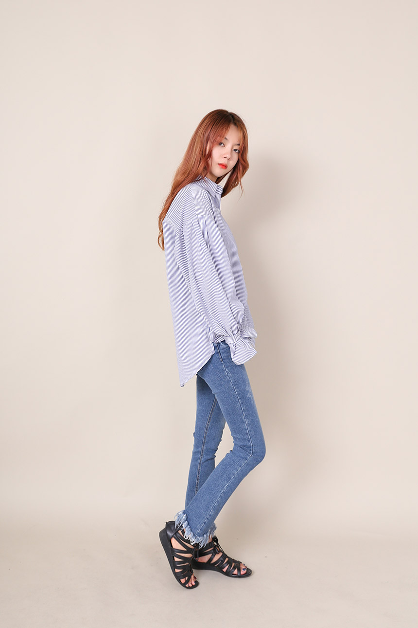 Big Size Over Luzplated Stripe Shirt Bell Sleeve S