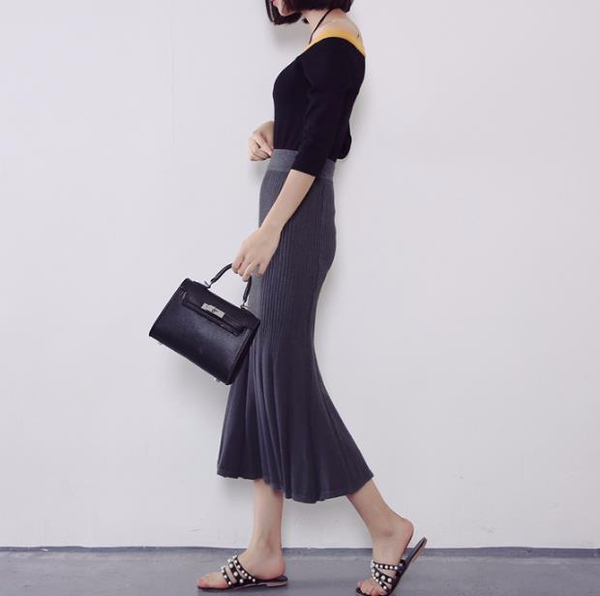 J-knit long skirt pleat 3color womens ruffle Merma