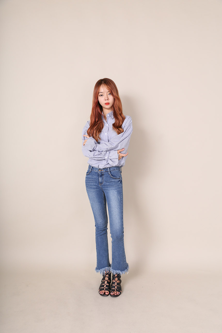 Big Size Over Luzplated Stripe Shirt Bell Sleeve S