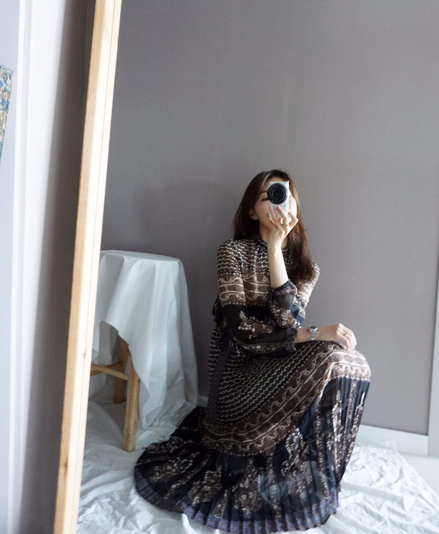 Chiffon Pleated Ethnic Long Dress Fall Collar 2col