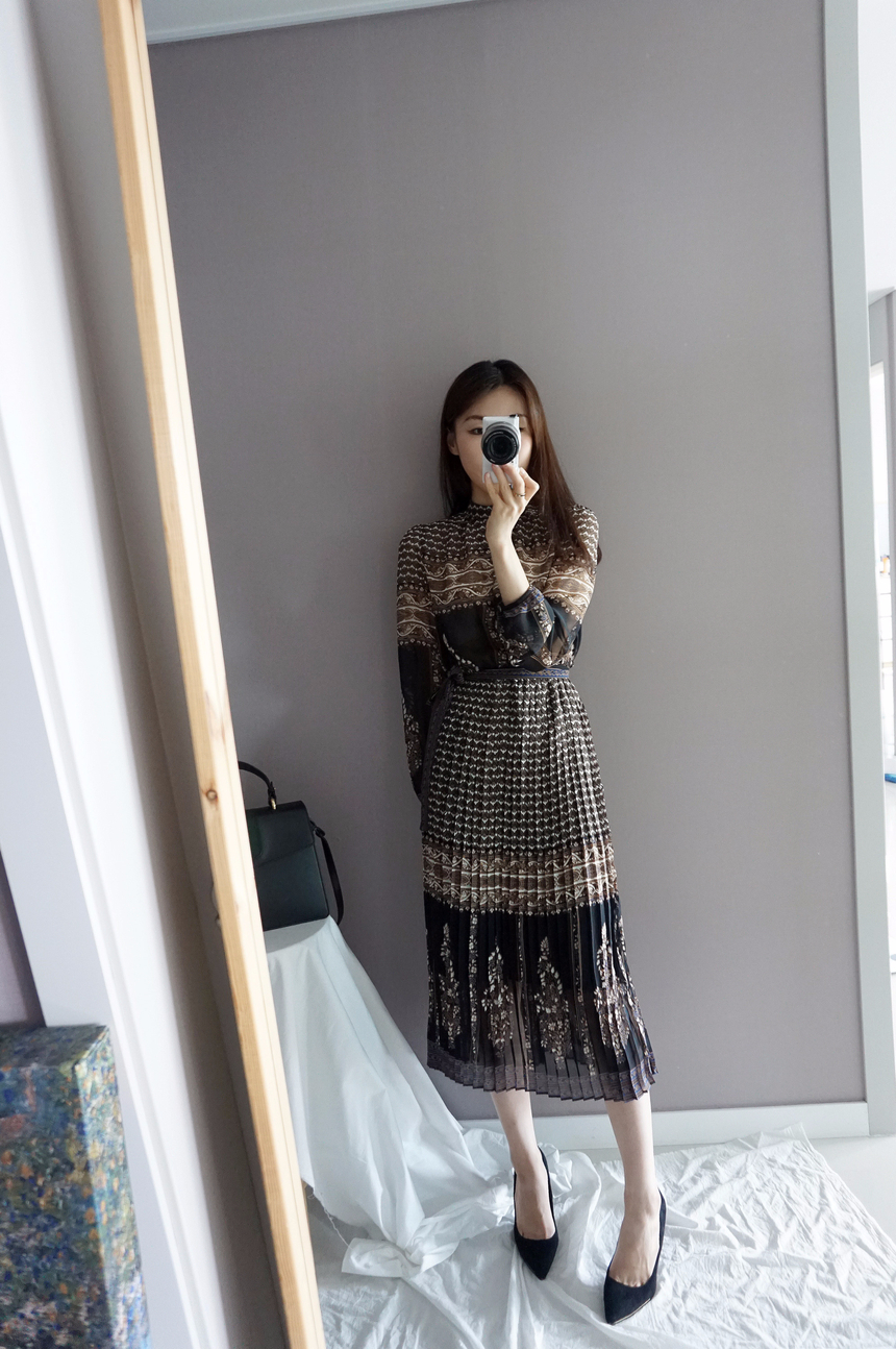 Chiffon Pleated Ethnic Long Dress Fall Collar 2col