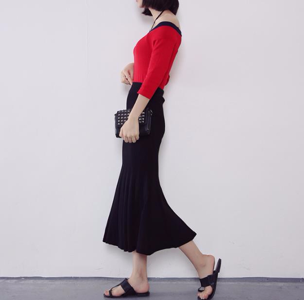 J-knit long skirt pleat 3color womens ruffle Merma