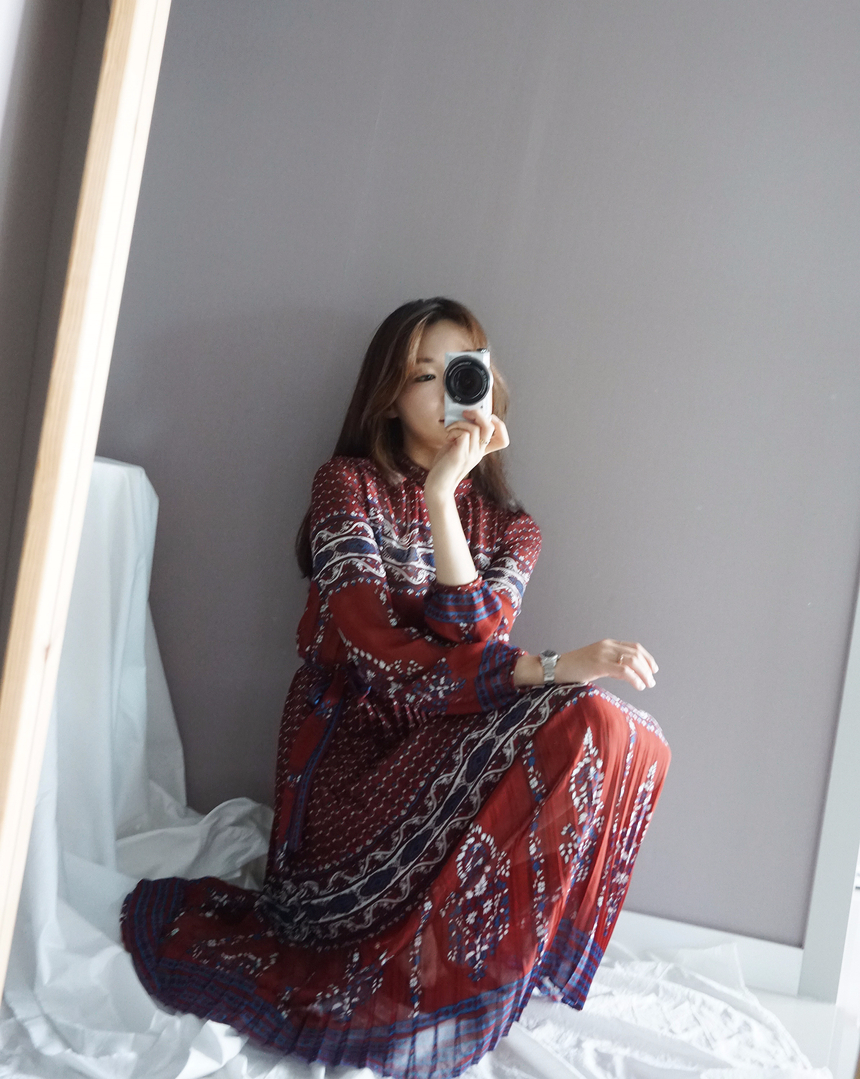 Chiffon Pleated Ethnic Long Dress Fall Collar 2col