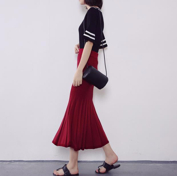 J-knit long skirt pleat 3color womens ruffle Merma