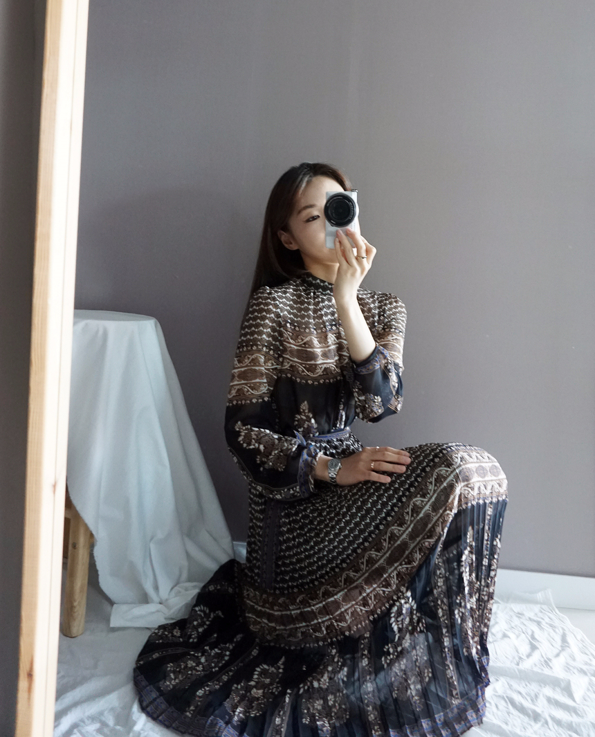 Chiffon Pleated Ethnic Long Dress Fall Collar 2col