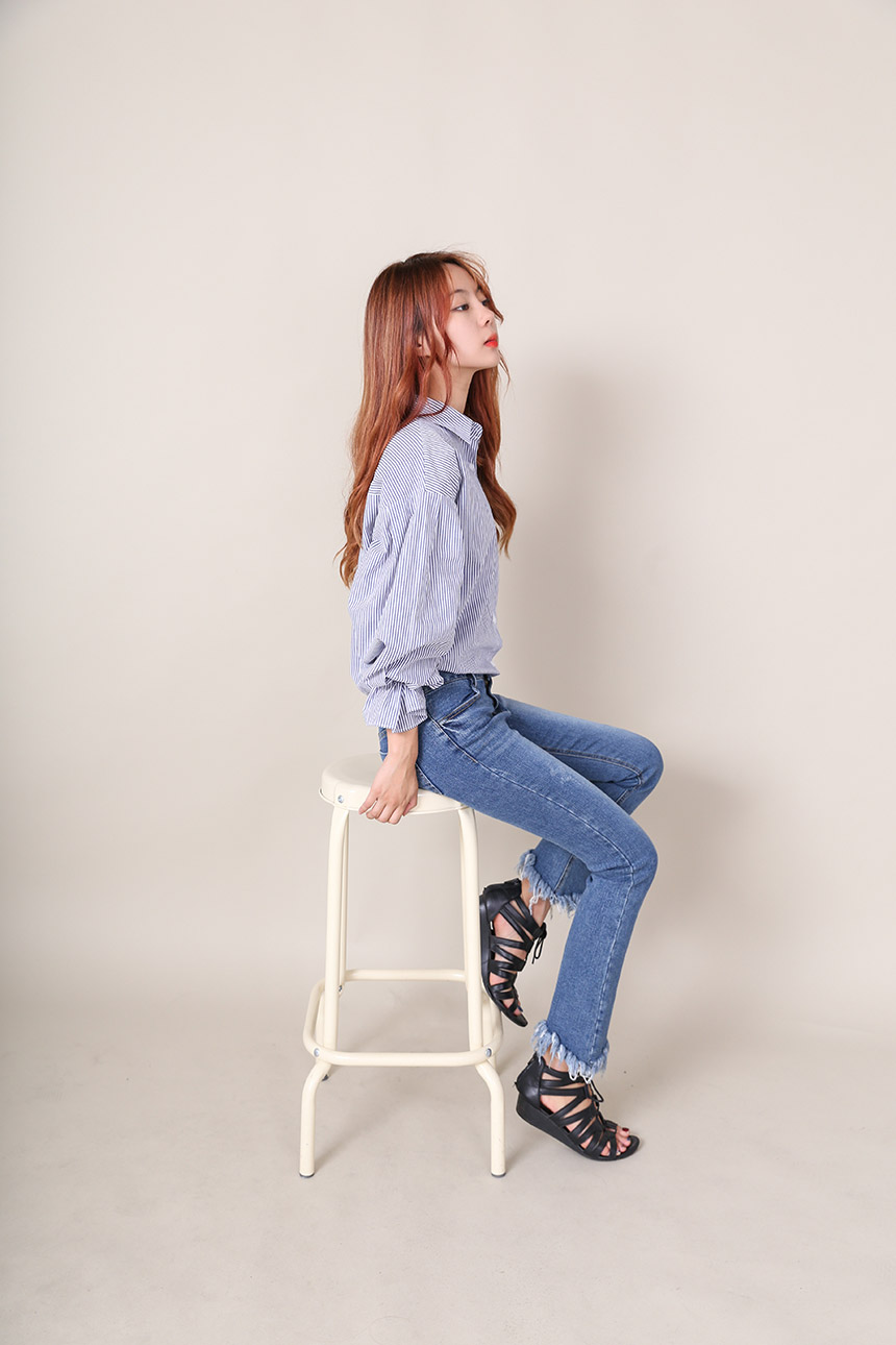 Big Size Over Luzplated Stripe Shirt Bell Sleeve S