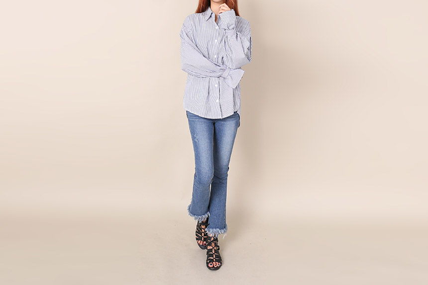 Big Size Over Luzplated Stripe Shirt Bell Sleeve S