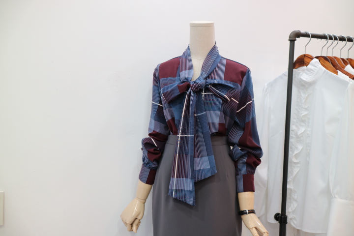 Women Blouses Check Ribbon Blouse Shop Tie Office 