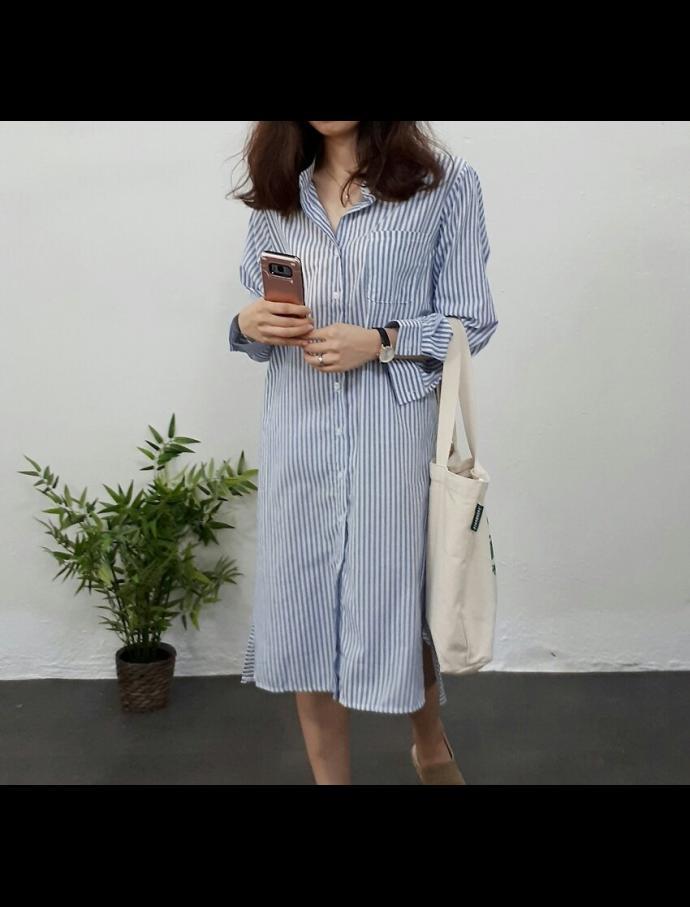 New Fall Long Dress Striped Shirt Natural Fashion 