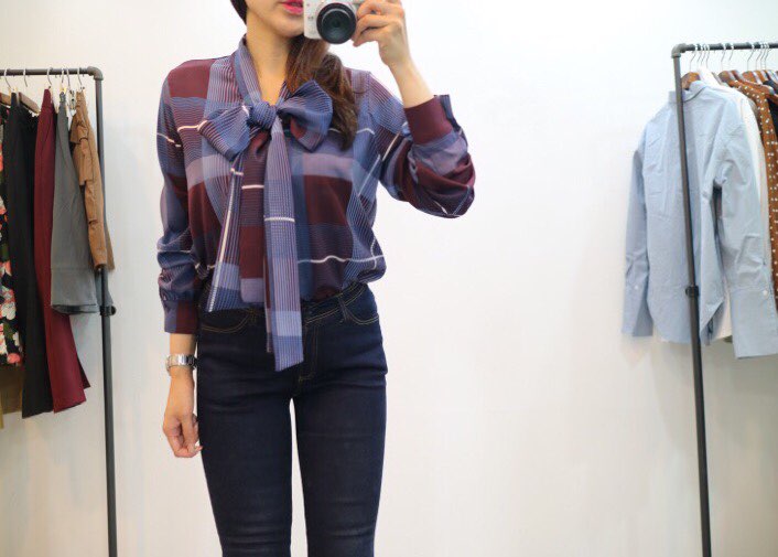 Women Blouses Check Ribbon Blouse Shop Tie Office 
