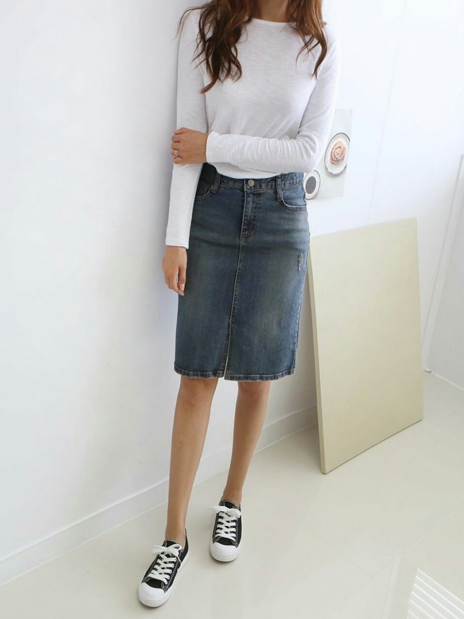 Denim Skirt Midi Front Chime