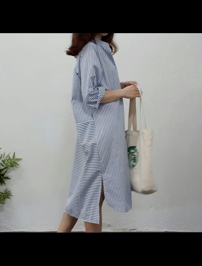 New Fall Long Dress Striped Shirt Natural Fashion 