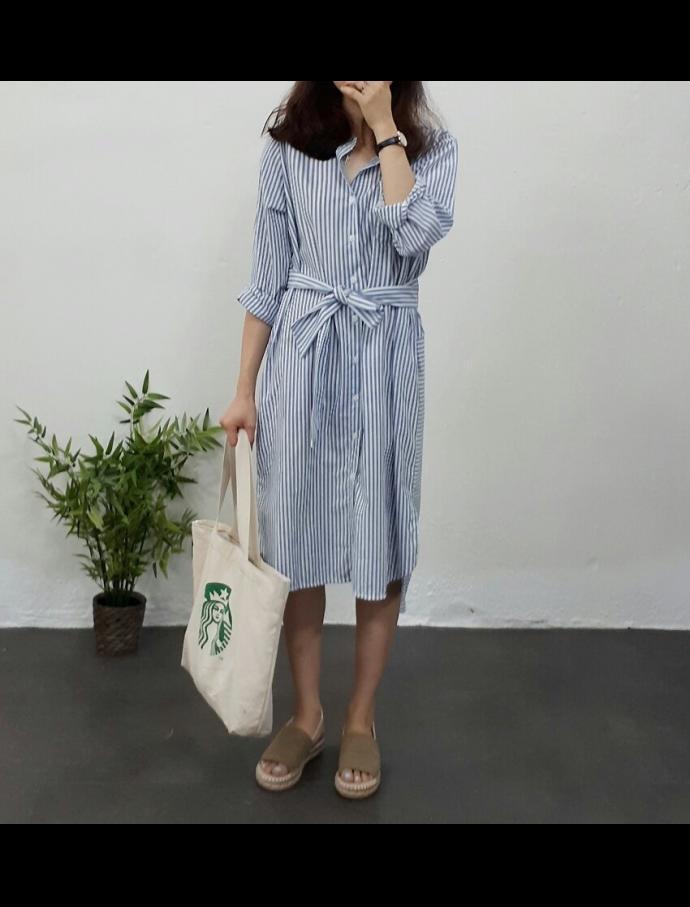 New Fall Long Dress Striped Shirt Natural Fashion 