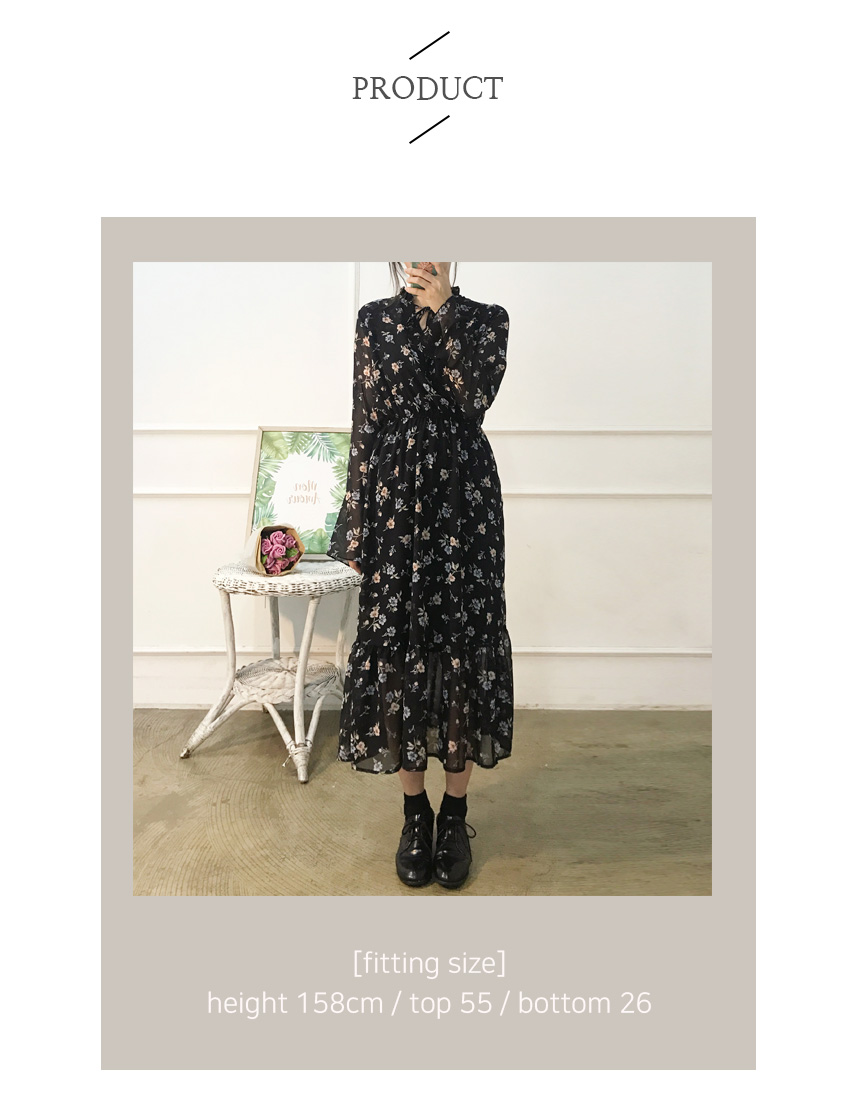 Autumn Leaves Pitt Flower Chiffon Long Dress Mouto