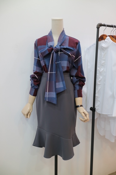 Women Blouses Check Ribbon Blouse Shop Tie Office 