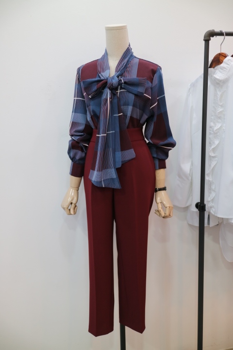 Women Blouses Check Ribbon Blouse Shop Tie Office 