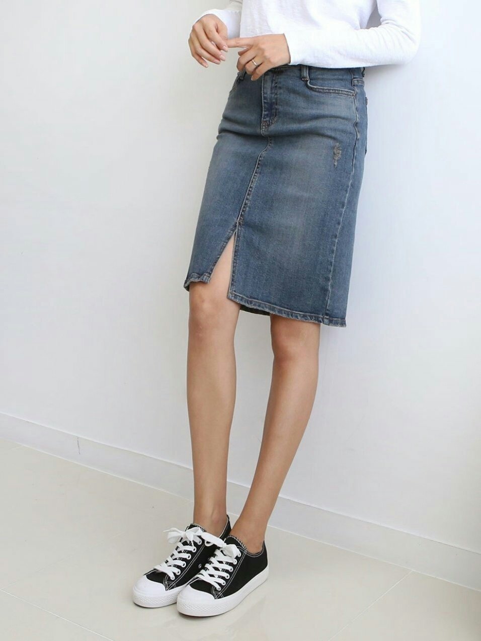 Denim Skirt Midi Front Chime