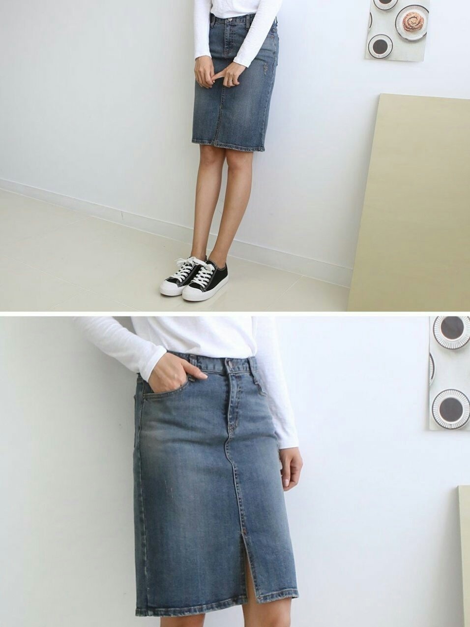 Denim Skirt Midi Front Chime