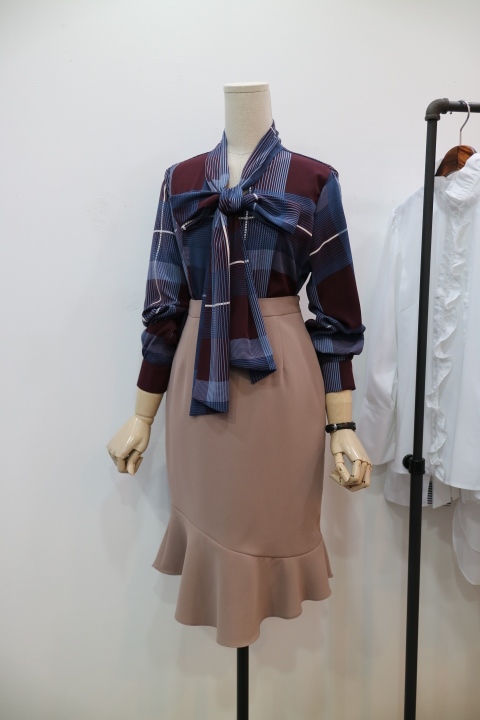 Women Blouses Check Ribbon Blouse Shop Tie Office 