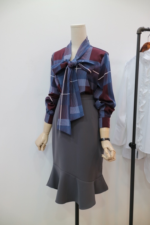Women Blouses Check Ribbon Blouse Shop Tie Office 