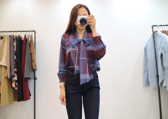 Women Blouses Check Ribbon Blouse Shop Tie Office 
