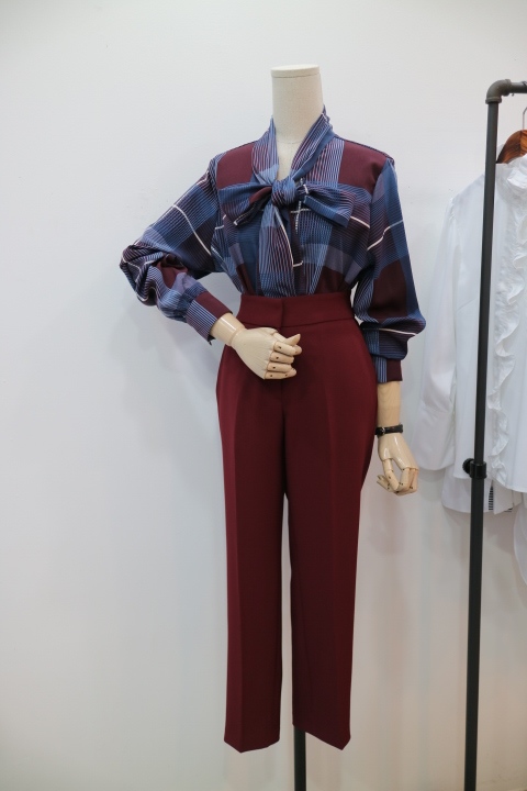 Women Blouses Check Ribbon Blouse Shop Tie Office 