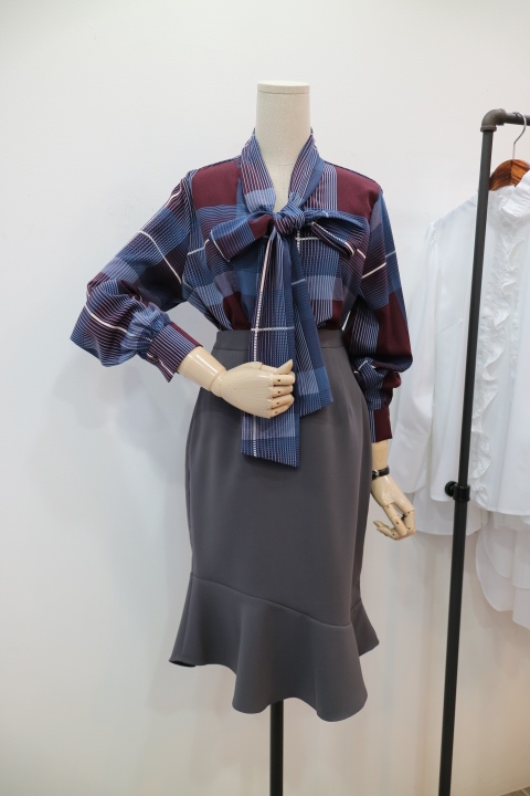 Women Blouses Check Ribbon Blouse Shop Tie Office 