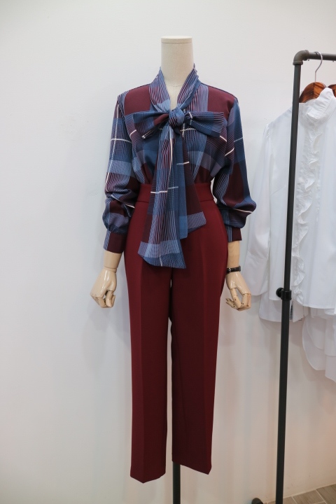 Women Blouses Check Ribbon Blouse Shop Tie Office 