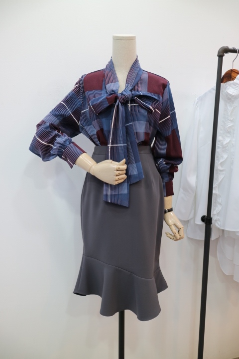 Women Blouses Check Ribbon Blouse Shop Tie Office 