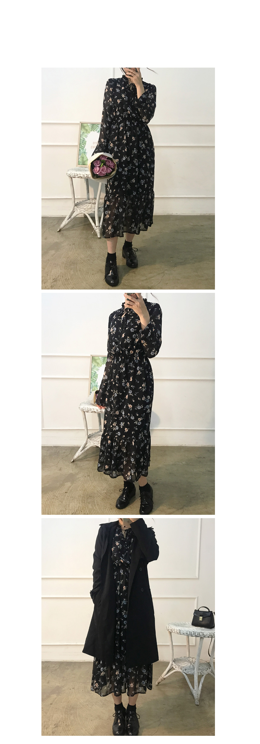Autumn Leaves Pitt Flower Chiffon Long Dress Mouto