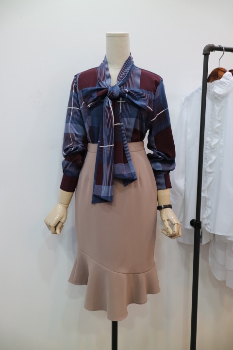 Women Blouses Check Ribbon Blouse Shop Tie Office 