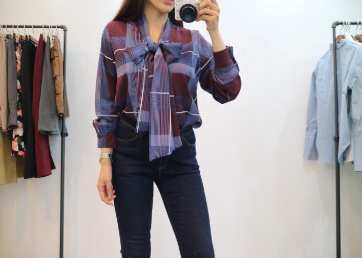 Women Blouses Check Ribbon Blouse Shop Tie Office 