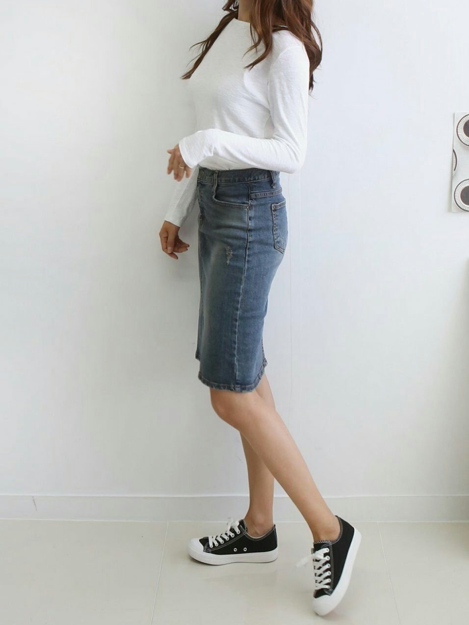 Denim Skirt Midi Front Chime