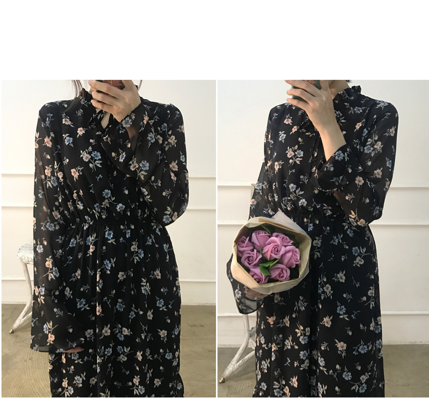 Autumn Leaves Pitt Flower Chiffon Long Dress Mouto