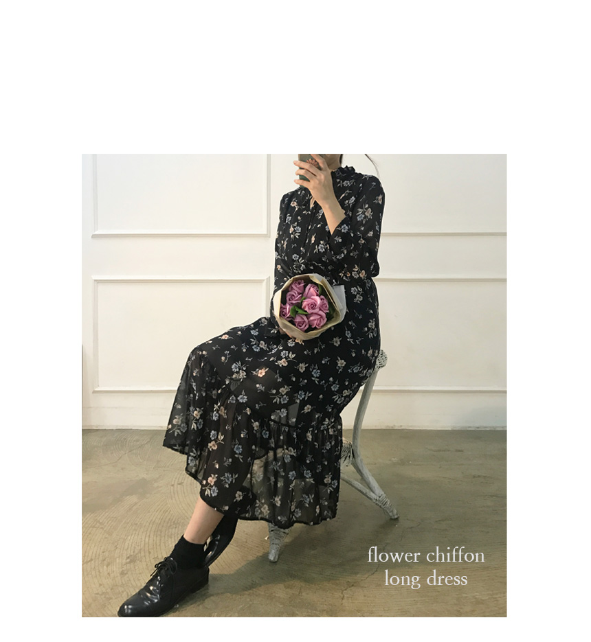 Autumn Leaves Pitt Flower Chiffon Long Dress Mouto