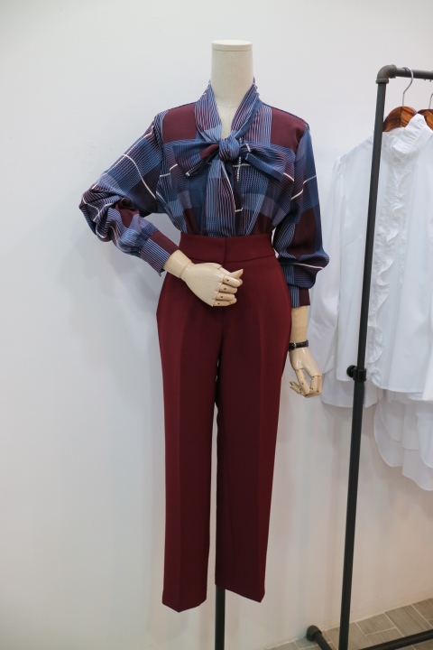 Women Blouses Check Ribbon Blouse Shop Tie Office 