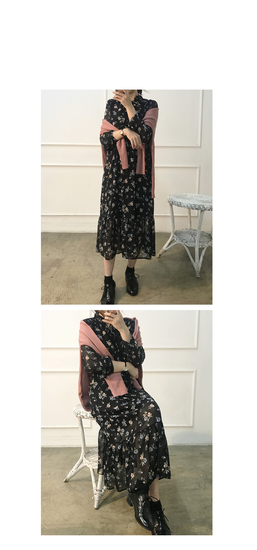 Autumn Leaves Pitt Flower Chiffon Long Dress Mouto
